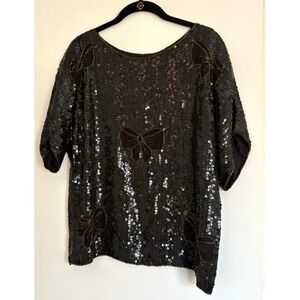 Vintage Joseph Le Bon Black‎ Silk Sequin Beaded Bow Top Size Medium Evening